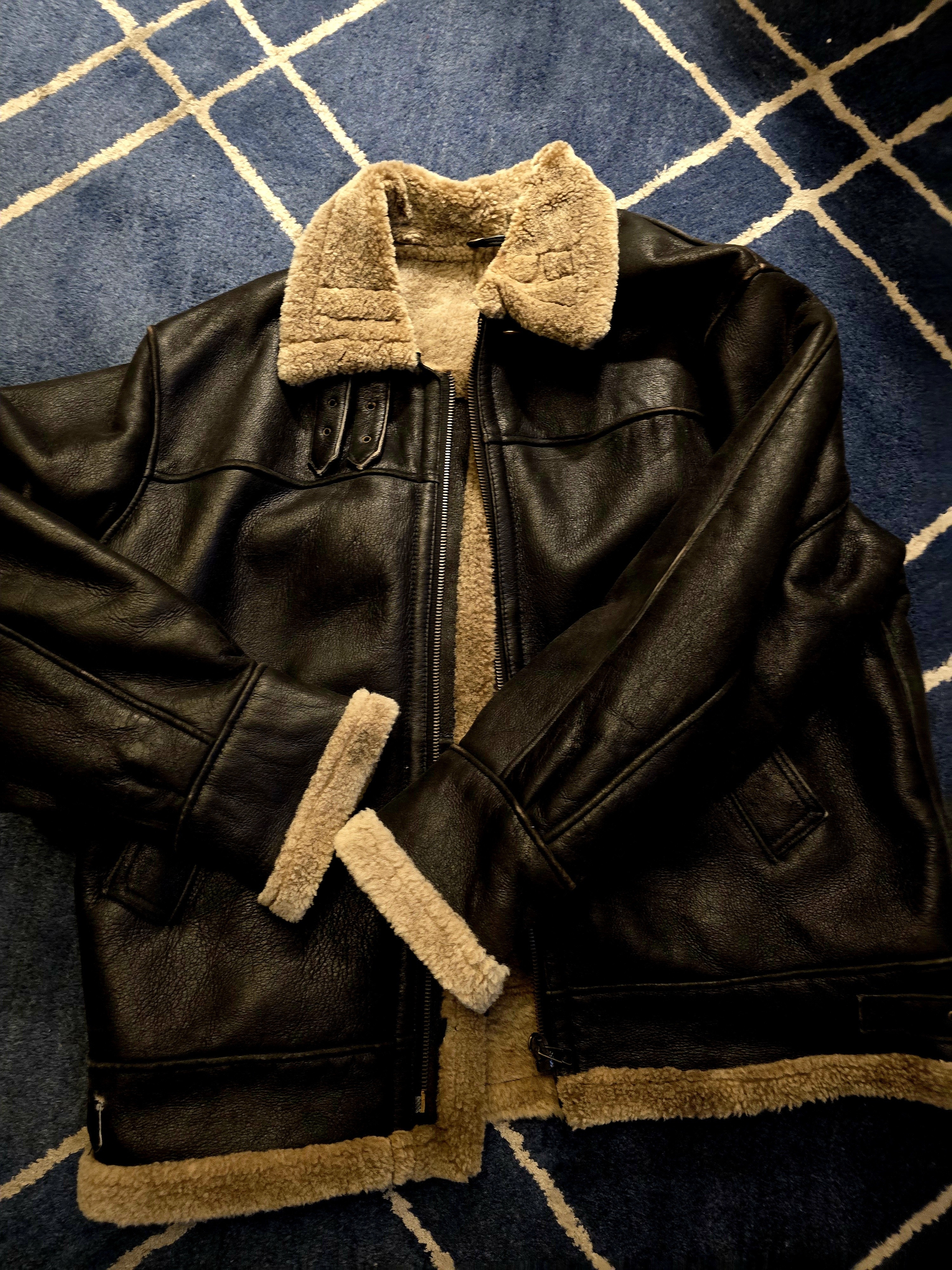 Men's Black Bomber Jacket With Tan Shearling Lining